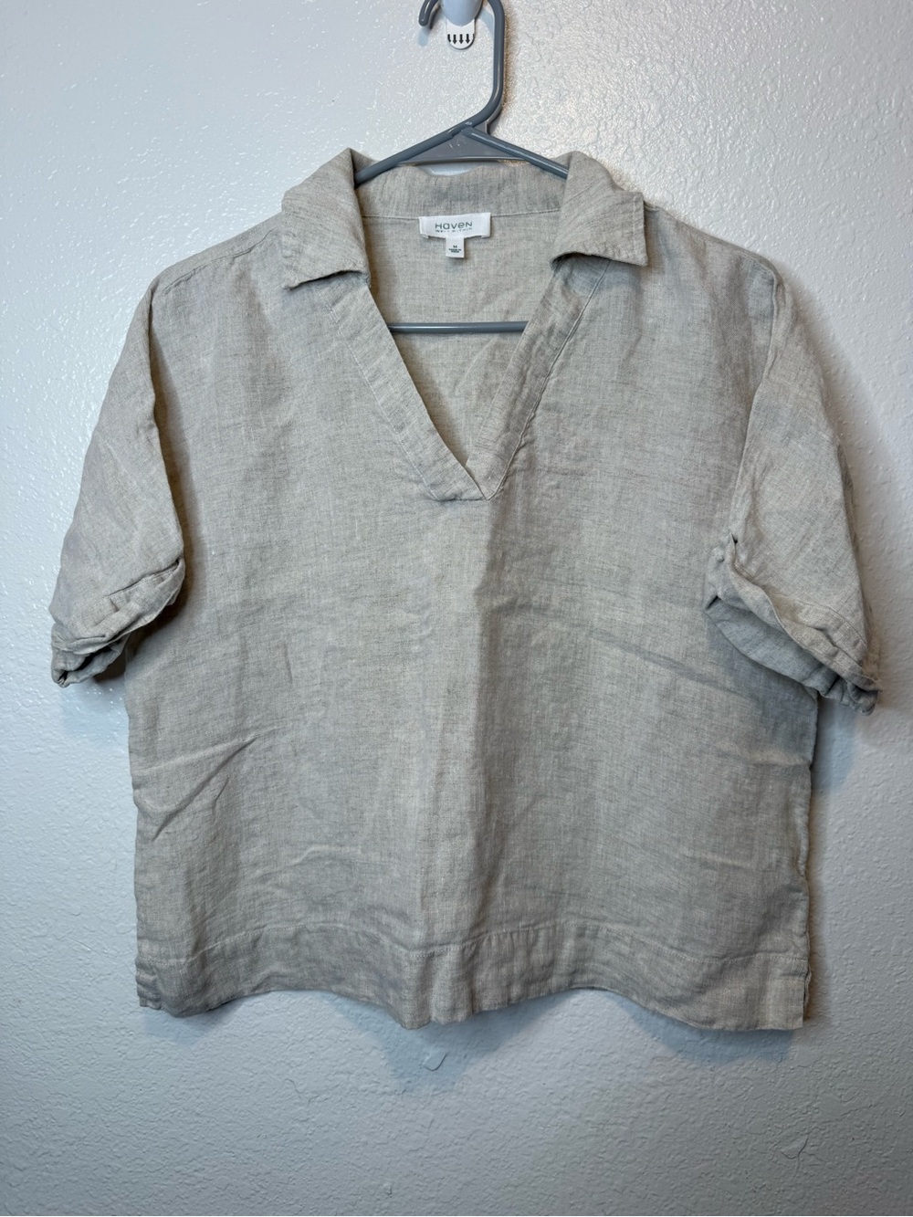 Haven Well Within Linen Popover Top Notched V-Neck Size M Boxy Oatmeal Coastal